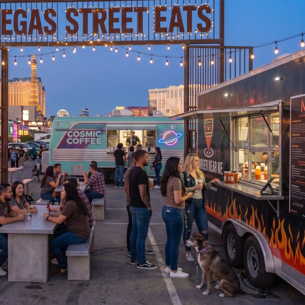 Food truck serving a happy crowd at an event